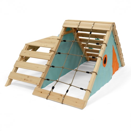 Back view image of First Wooden Playground showing the climbing net and ladder in white background