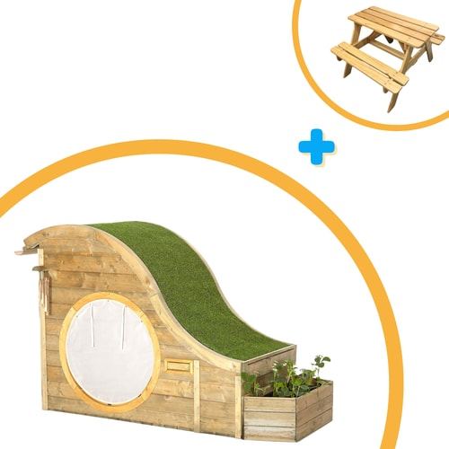 Nature Hideaway Cubby House - with kids picnic table